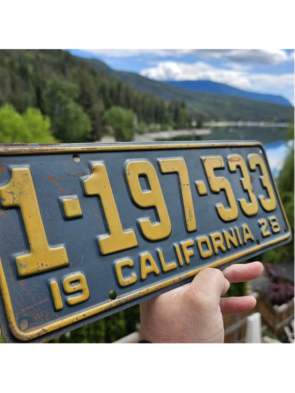 Vintage 1928 California License Plate 1-197-533 Yellow on Black Embossed Metal